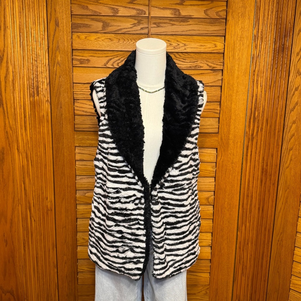 Onque Casuals Womens Zebra Print Maximalist Vest Black White Shawl Collar Large